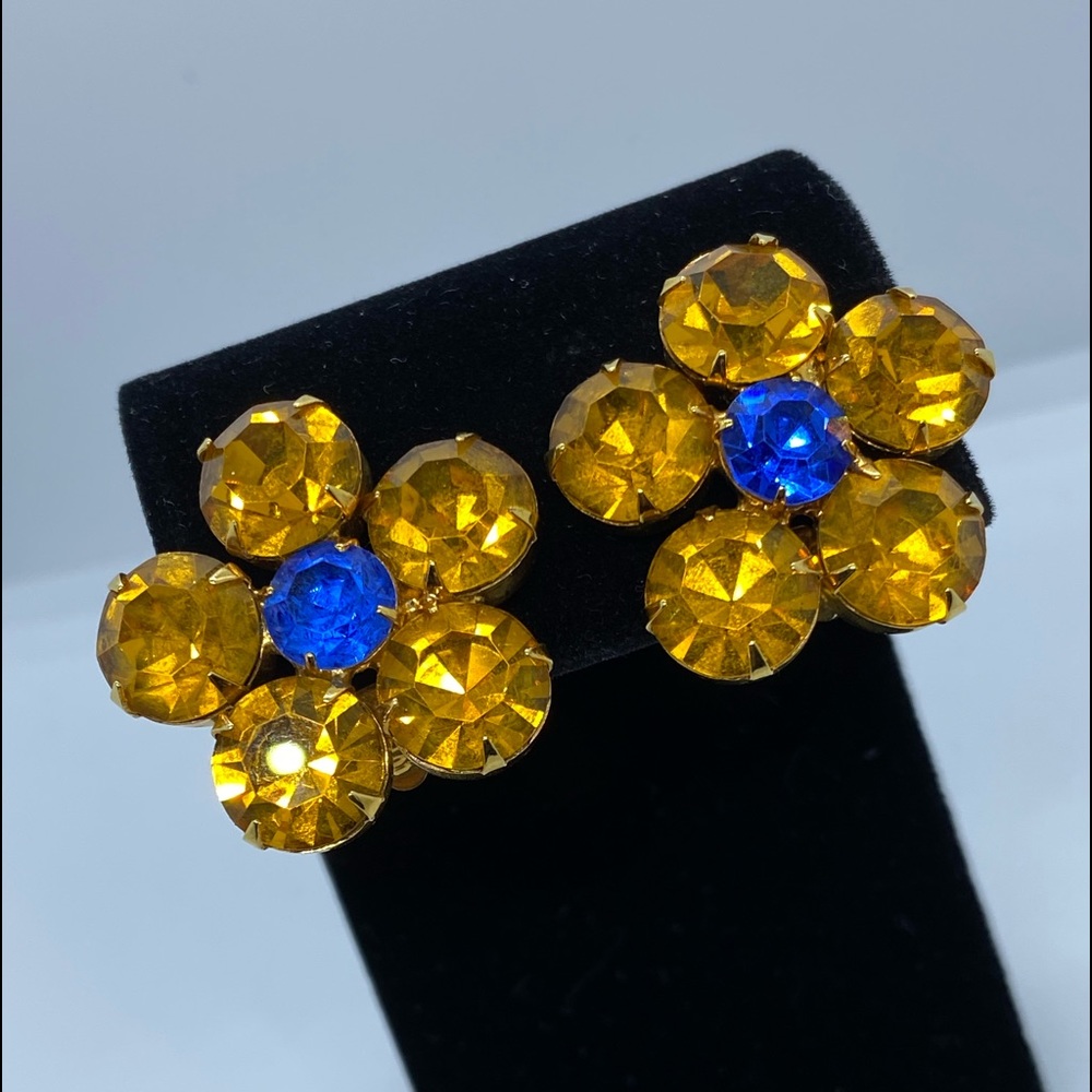 VIBRANT, BOLD, FLORAL RHINESTONE, CLIP ON COSTUME EARRINGS